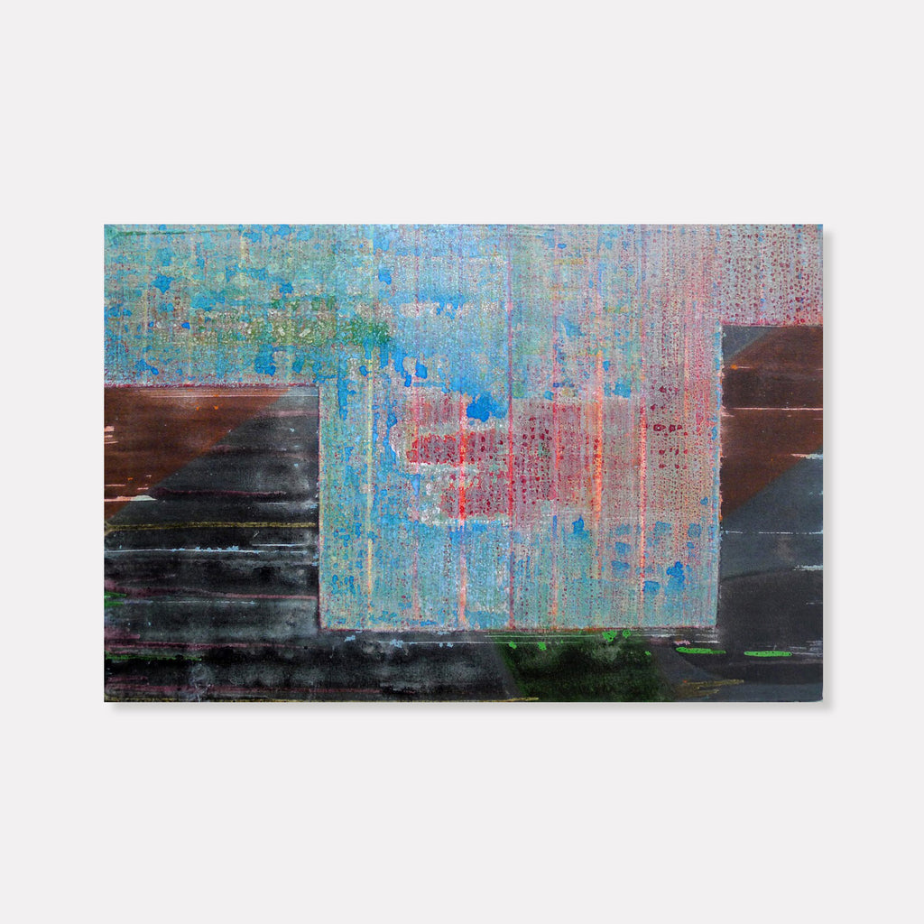 The artwork 'Summer Harbor' by Suejin Jo features a textured abstract composition with weathered navy blocks against a dreamy aqua and rose backdrop. Dripping paint effects and layered acrylic create a distressed coastal aesthetic, while strategic color placement suggests a maritime horizon. Oil and acrylic on canvas, 24x36 inches. By Suejin Jo.