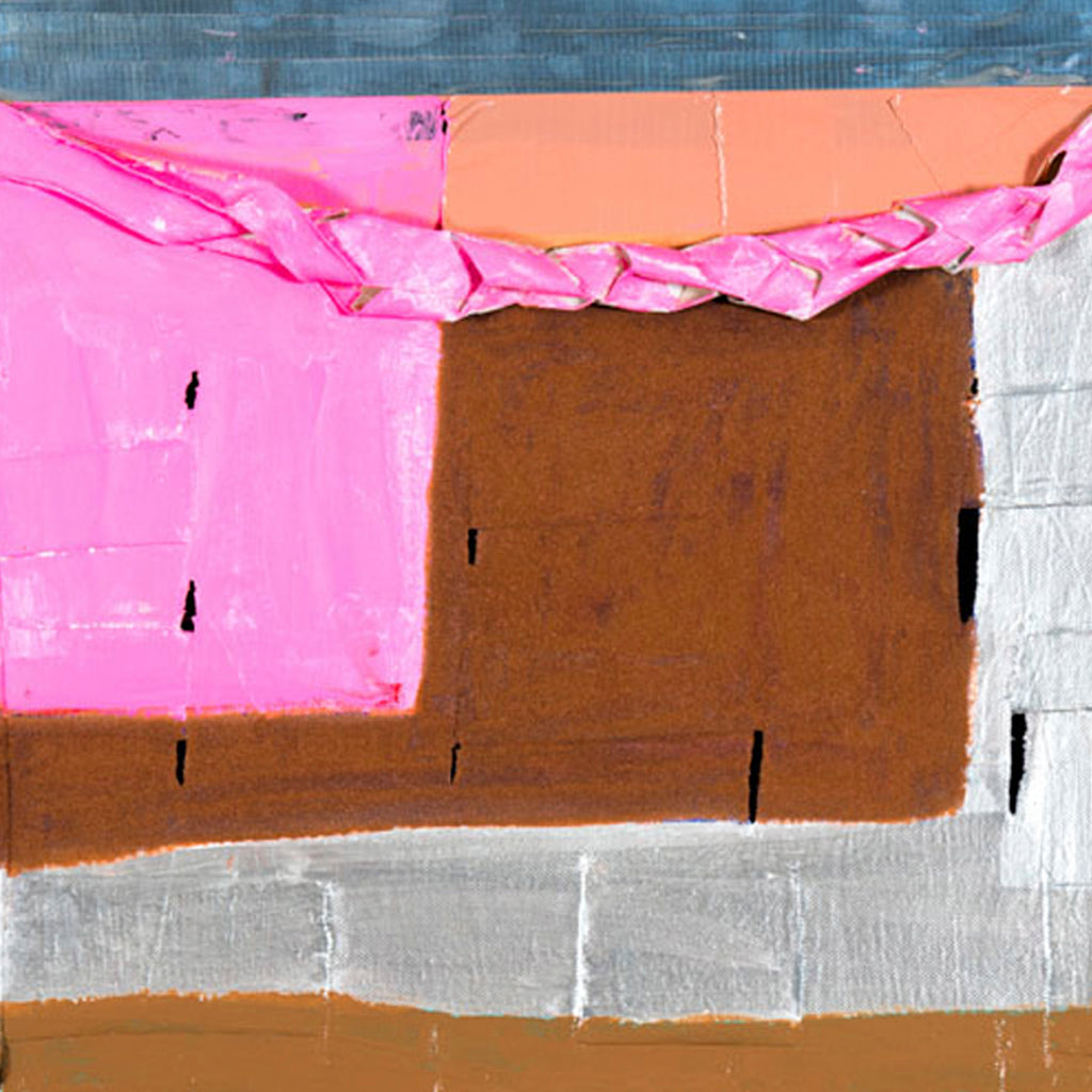 The artwork 'Summer Suit' by Gyan Shrosbree features bold geometric blocks in vibrant pink, warm brown, and metallic silver. Abstract composition with textural elements created using acrylic, fabric, and sand. A crumpled pink fabric detail adds dimensional interest across the top, while clean lines and layered materials create a modern, mixed-media aesthetic on canvas. By Gyan Shrosbree.