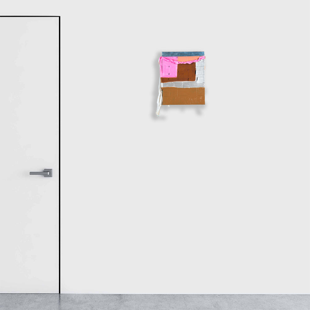 The artwork 'Summer Suit' by Gyan Shrosbree features geometric abstract composition with pink, brown, and silver elements. Mixed media piece combining acrylic paint, textural fabric, and sand on canvas, creating a minimalist yet layered effect. Tape elements add structured lines and industrial feel, mounted on white background. - Gyan Shrosbree
