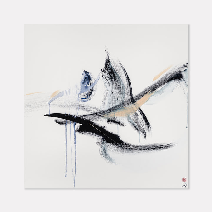 The artwork 'Summit' by W Lu features dynamic brushstrokes in black, white, and steel blue creating an abstract mountainous form. Bold gestural marks sweep across the canvas with delicate drips, combining contemporary minimalism with traditional ink painting techniques. The composition balances negative space with expressive acrylic strokes on a pristine white background.