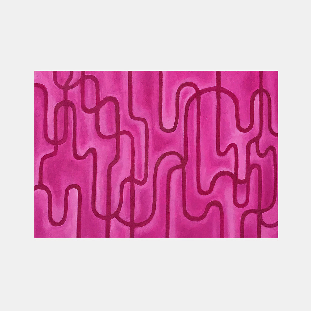 The artwork 'Sunday's Asylum' by Joe Piscopia features abstract interlocking wavy lines in deep burgundy against a vibrant magenta background. Oil on arches oil paper creates a mesmerizing pattern of continuous curved paths, suggesting fluid movement and interconnectedness across the 4.5 x 6 inch surface.