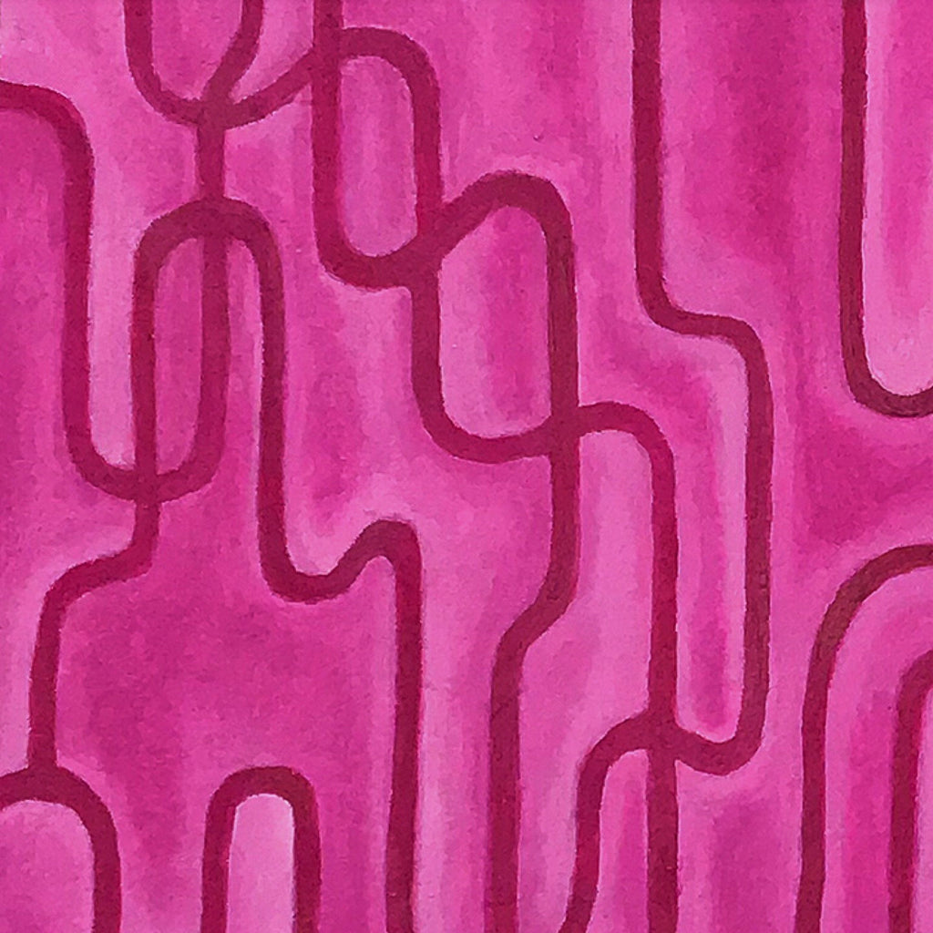 The artwork 'Sunday's Asylum' by Joe Piscopia features vibrant magenta-toned abstract patterns with flowing, interconnected curved lines creating a rhythmic retro-style design. Oil on arches oil paper showcases rich textures and organic shapes against a bright pink background, forming a mesmerizing mid-century modern aesthetic.