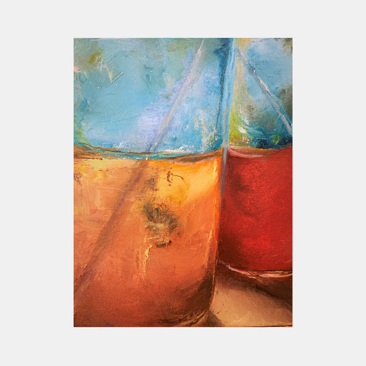 The artwork 'Sunny Serum' by Rita BasuMallick features a vibrant abstract composition with bold diagonal lines dividing turquoise blue sky-like upper section from warm terracotta and deep red lower sections. Textured oil paint creates depth and movement, with subtle golden highlights and brushstrokes adding dimensional interest across the 14x11 inch canvas.