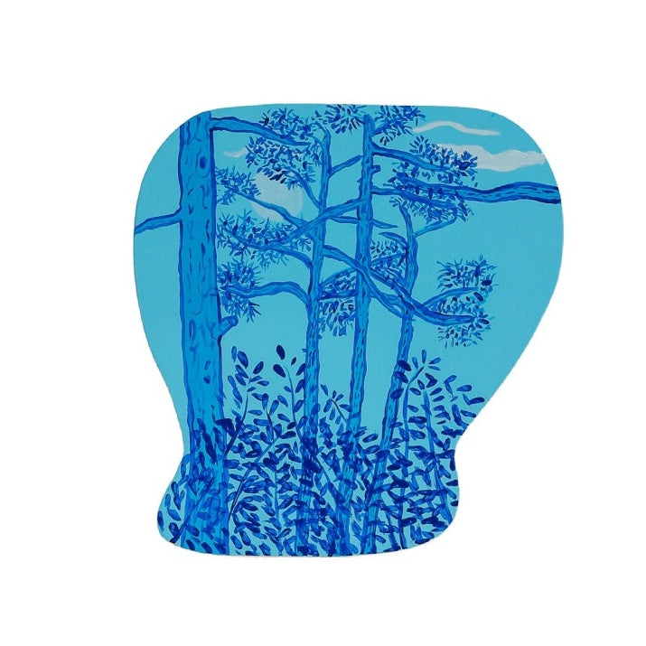 The artwork 'Evening Trees' by Sunny Chapman features tall pine trees rendered in vibrant blue silhouettes against a turquoise sky background. The composition captures a serene forest scene with delicate foliage patterns at the base and graceful tree branches reaching skyward, painted in matte acrylic on wood in a contemporary illustrative style.