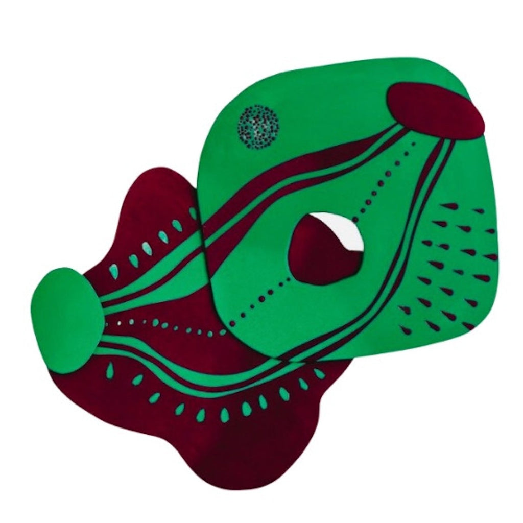 The artwork 'Pathways' by Sunny Chapman features abstract organic shapes in vibrant emerald green and deep burgundy. Flowing curved lines create dynamic movement across the wooden surface, punctuated by dotted patterns and circular motifs. The composition suggests natural forms with its fluid design and contrasting colors, painted in acrylic on wood.