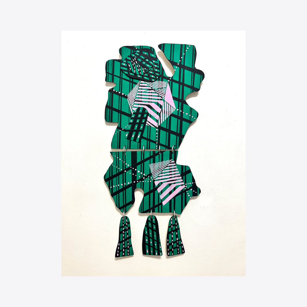 The artwork 'Portal to the Plaid Dimension' by Sunny Chapman features an abstract geometric composition with emerald green plaid patterns intersecting with black stripes and white striped geometric forms. Three pendant-like shapes hang from the bottom of a fragmented vertical design painted in matte acrylic on wood, measuring 24 x 11 inches.
