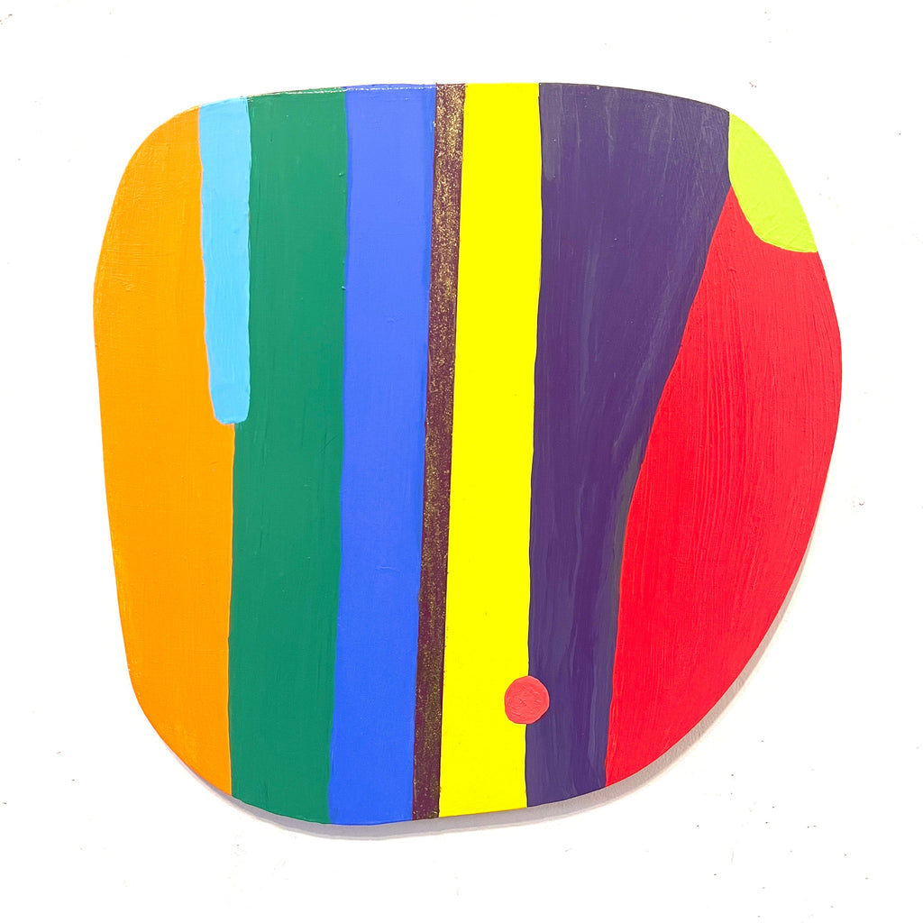 The artwork 'Rainbow Oblong' features vibrant vertical stripes in orange, turquoise, emerald green, royal blue, yellow, deep purple, and red on a glossy surface. The abstract composition creates a bold, contemporary effect on luan wood, with curved edges forming a rounded square shape. Small circular detail in red adds visual interest. By Sunny Chapman.