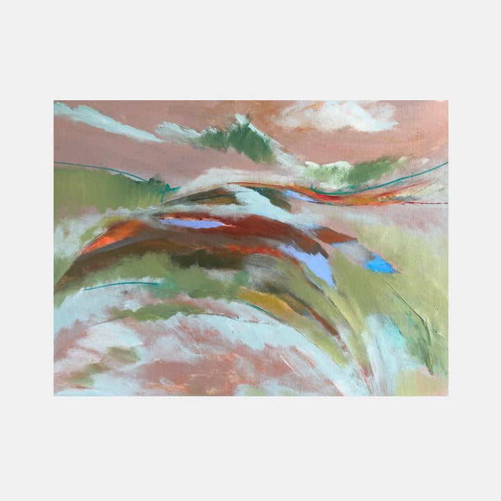 The artwork 'Sunrise in Napegue' by Beth Barry features an abstract landscape with sweeping brushstrokes in soft pastels. Rolling hills in sage green blend with coral pink skies, while touches of turquoise and burnt orange create dynamic movement across the 16x20 inch acrylic canvas. The impressionistic style captures the ethereal quality of dawn breaking over undulating terrain. Artwork by Beth Barry.