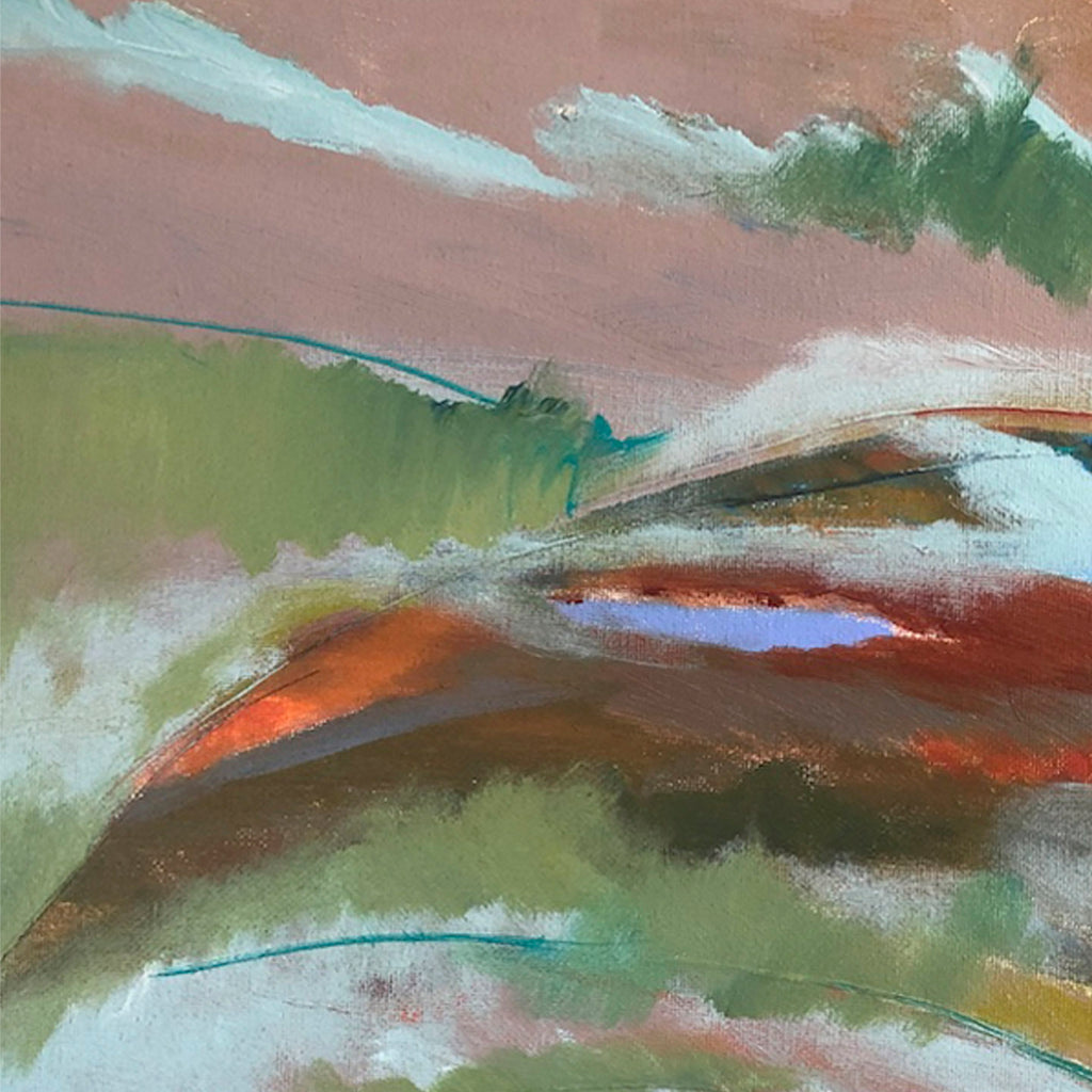 The artwork 'Sunrise in Napegue' by Beth Barry features an abstract landscape with sweeping brushstrokes in olive green, coral pink, and turquoise blue. Dynamic diagonal compositions create a sense of rolling hills, while ethereal cloud-like forms in white and pastel tones suggest an early morning atmosphere. Acrylic on canvas, expressing movement and tranquility through expressive brushwork.