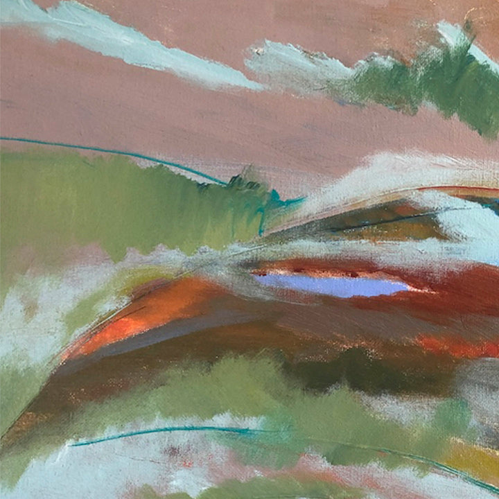 The artwork 'Sunrise in Napegue' by Beth Barry features an abstract landscape with sweeping brushstrokes in olive green, coral pink, and turquoise blue. Dynamic diagonal compositions create a sense of rolling hills, while ethereal cloud-like forms in white and pastel tones suggest an early morning atmosphere. Acrylic on canvas, expressing movement and tranquility through expressive brushwork.