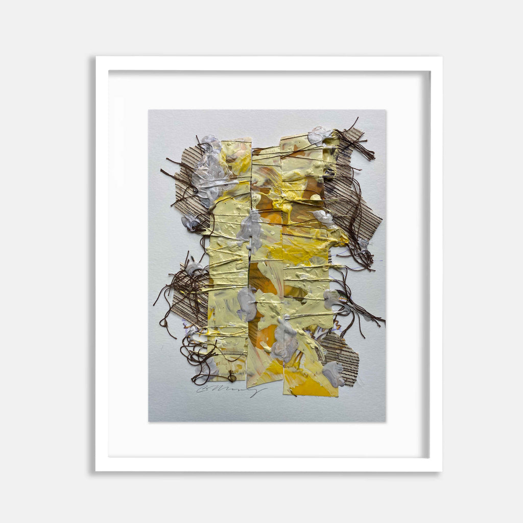 The artwork 'Sunset Shift 1' by Christina Massey features an abstract mixed media composition with layered yellow and white torn paper elements, intertwined with dynamic brown linear marks. The textural piece showcases a collage technique with geometric fragments arranged in a vertical format, measuring 10 inches high by 8 inches wide, creating a sense of movement and depth through overlapping materials.