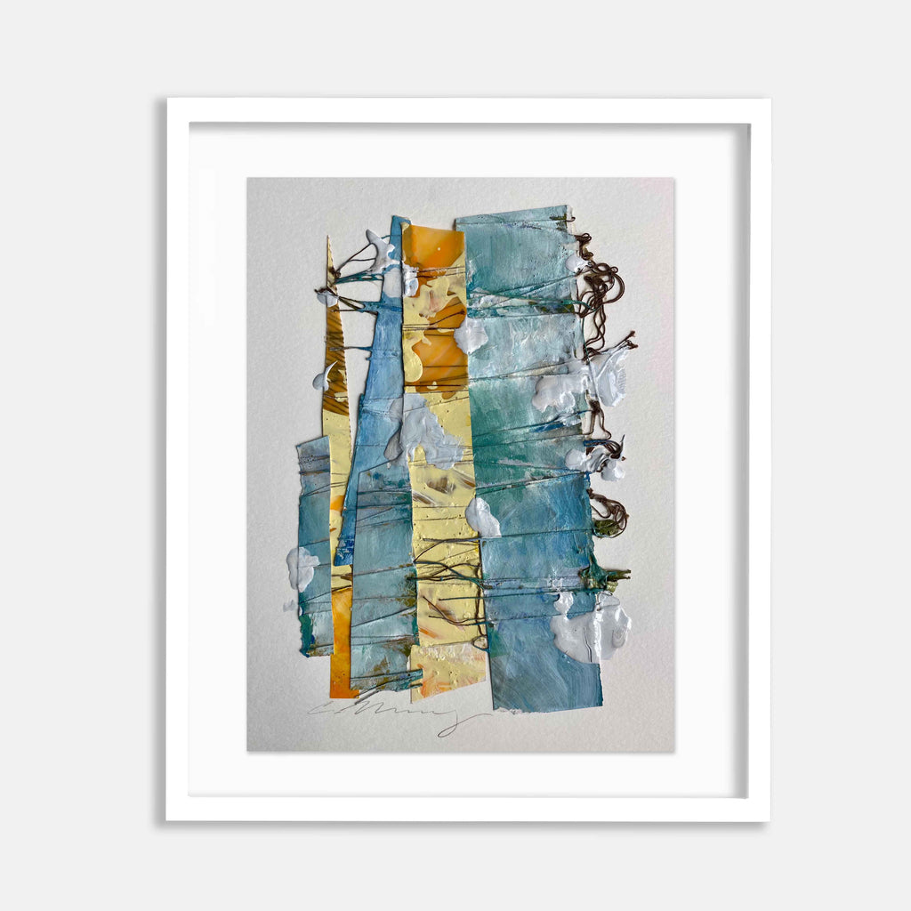 The artwork 'Sunset Shift 2' by Christina Massey features vertical strips of layered mixed media in turquoise blue and golden yellow hues. Abstract watercolor and collage elements create a textured, geometric composition with delicate ink details in black. The 10x8 inch piece combines fluid and structured elements in a contemporary abstract style, showcasing vertical movement and dynamic color interplay.