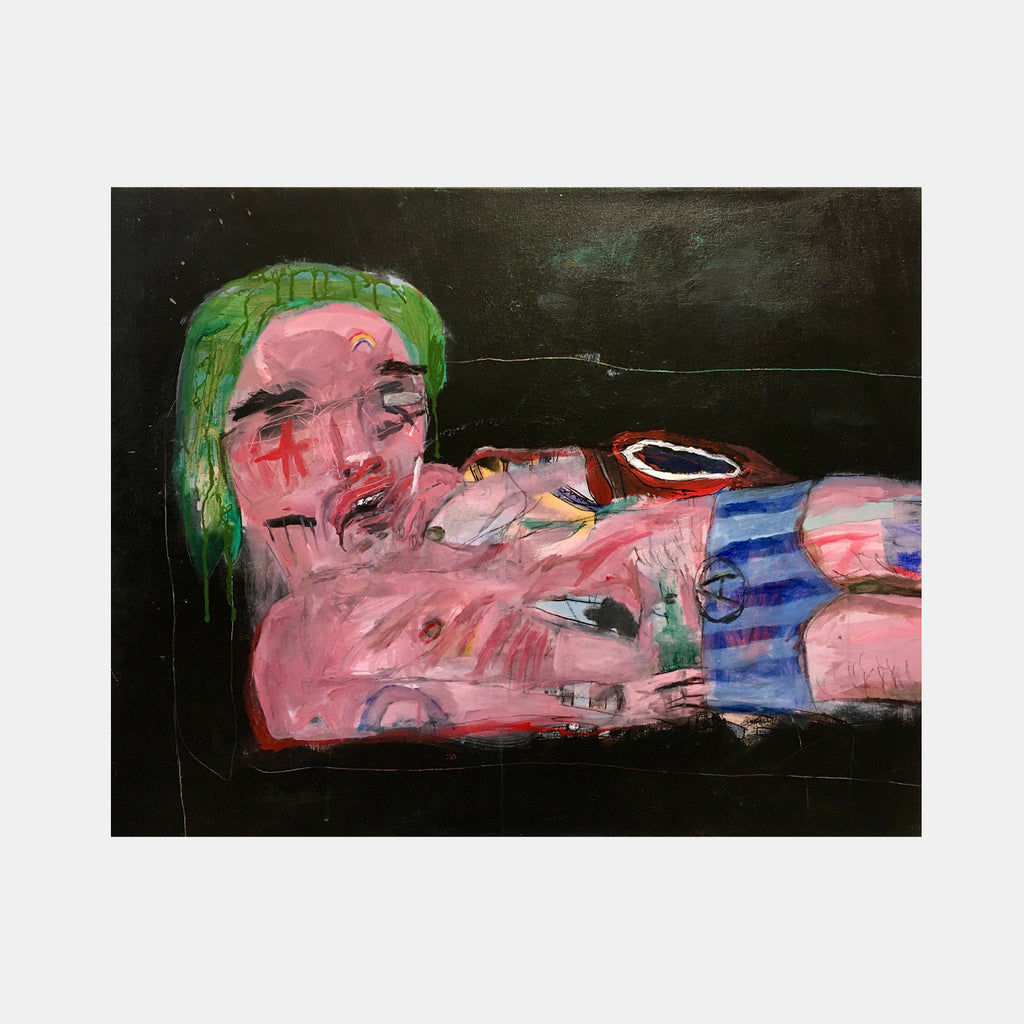 The artwork 'Super Chan' by Andrew Chan features an expressionist oil painting on canvas with bold brushstrokes depicting a reclining figure against a dark background. Vibrant pink and green hues dominate the composition, with touches of blue and black creating a striking contrast. The abstract style emphasizes emotional intensity through loose, gestural paint application on the 24x30 inch canvas. By Andrew Chan.