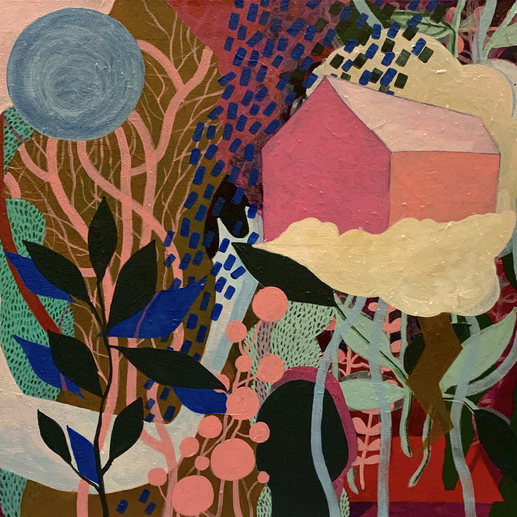 The artwork 'Superbloom' by Tyler Sorgman features a whimsical composition with pink geometric houses nestled among stylized botanical elements. A blue circular moon hovers above coral-colored branches, while intricate patterns of navy dots weave through lush foliage in deep greens and black. Textured acrylic strokes create a folk art-inspired landscape on 36x36 inch canvas.