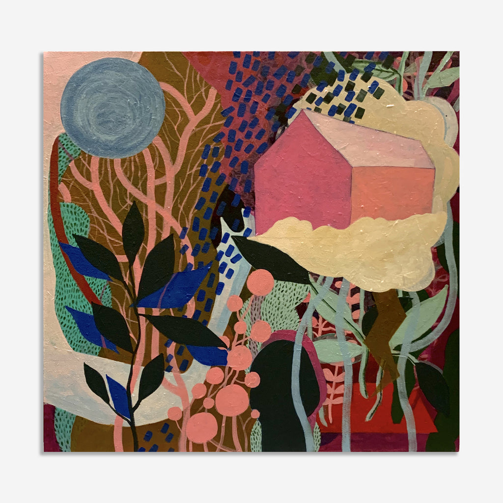 The artwork 'Superbloom' by Tyler Sorgman features a whimsical abstract landscape with stylized flora and geometric elements. Pink house-like structures nestled among organic forms, a metallic grey moon, and deep blue foliage create a dreamlike scene. Textured brushstrokes in coral, mint green, and golden hues form a pattern-rich composition on canvas. Acrylic painting, 36x36 inches, by Tyler Sorgman.