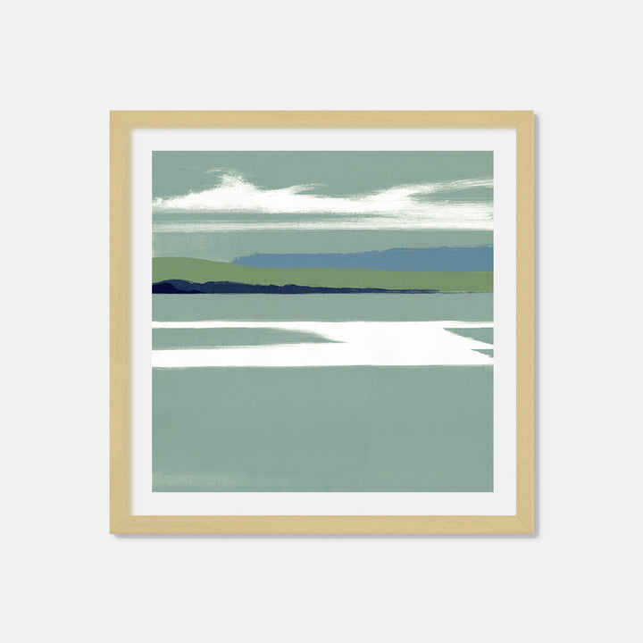 The artwork 'Superior III' by Rachel Burgess features a minimalist landscape monoprint with horizontal bands of sage green, white, and navy blue, suggesting a serene waterfront view. Wispy white clouds float across a muted green sky, while bold strokes create layers of abstract shoreline. Framed in natural wood, this 31x31 inch print employs a calming coastal palette and contemporary composition by Rachel Burgess.