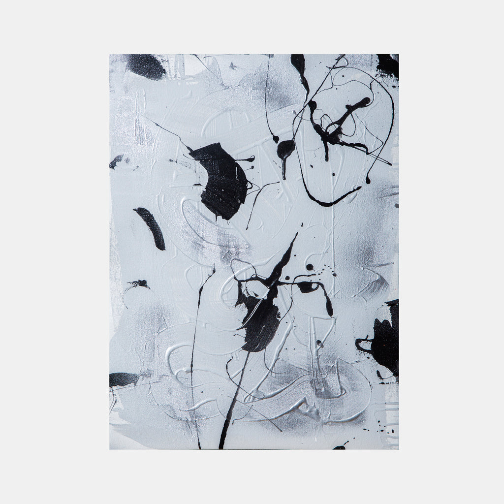 The artwork 'Supernova' by Cavier Coleman features dynamic black splatters and organic shapes against a textured white background, creating an abstract expressionist composition. Bold brushstrokes and fluid lines dance across the canvas, while contrasting monochromatic elements suggest cosmic movement and energy. Mixed media techniques of acrylic, enamel, and spray paint create varied textures.