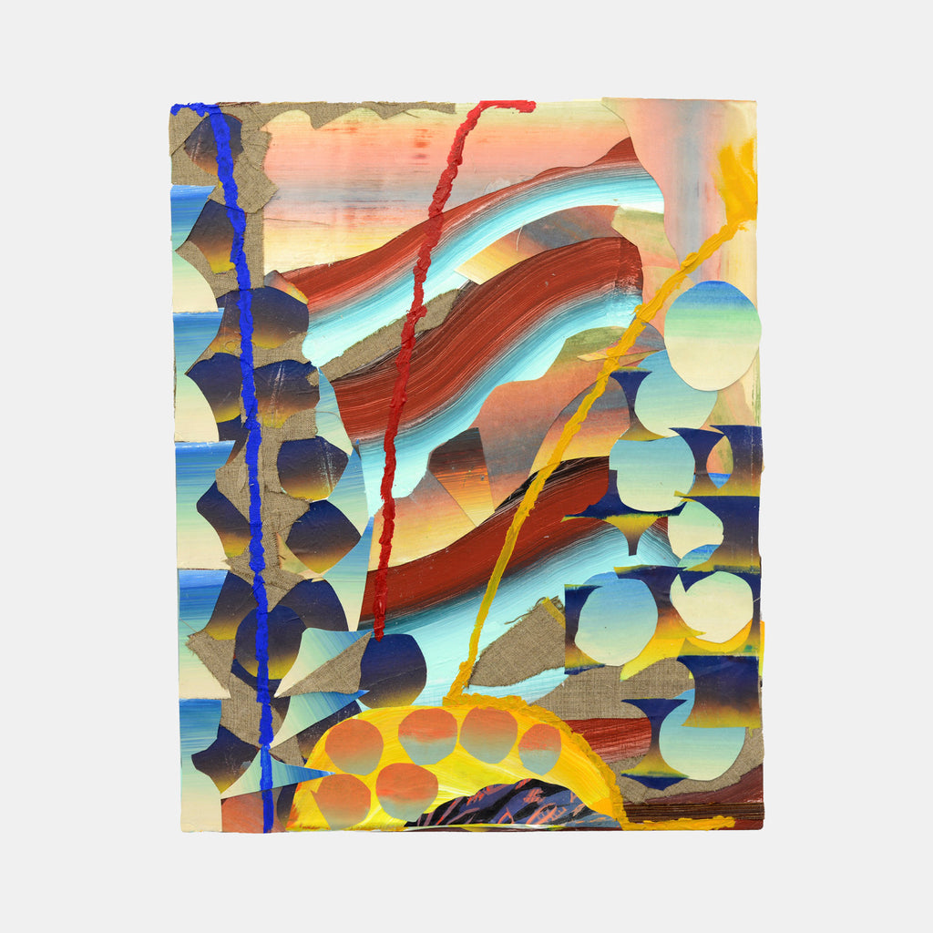 The artwork 'Surprise Fireworks' by Jack Wood features vibrant abstract patterns with dynamic diagonal lines in blue, red, and yellow cutting through layered circular shapes. The composition combines warm sunset-like oranges with cool turquoise tones, creating a rhythmic, explosive effect. Acrylic paint and paper on linen panel showcase textural depth and movement by Jack Wood.