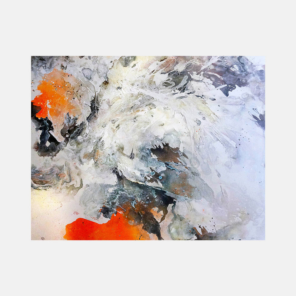 The artwork 'Surrender' by Renee Phillips features dynamic abstract expressionism with swirling whites and grays, punctuated by vibrant orange bursts. Textural layers of acrylic and gesso create a stormy atmosphere, while burned netting adds dimensional depth. Ethereal blue undertones and fluid brushstrokes suggest movement through misty, atmospheric composition.