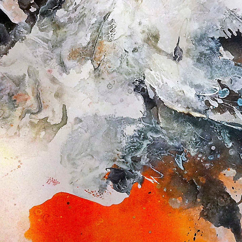 The artwork 'Surrender' by Renee Phillips features a dramatic abstract composition with explosive orange flames meeting misty grays and whites. Textured brushstrokes and burned netting create depth while flowing acrylic and polymer mediums merge in ethereal patterns. Dark charcoal shadows contrast with luminous highlights in this 48x60 inch canvas piece.
