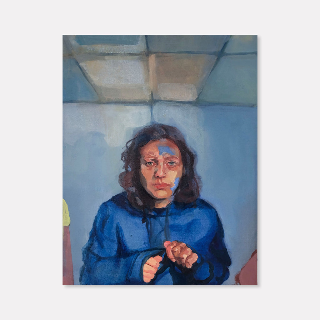 The artwork 'Sweaty Palms' features a contemporary oil painting depicting a figure in a vibrant blue hoodie against a cool-toned background. Bold brushstrokes create texture throughout the canvas, with geometric ceiling elements adding depth. The composition showcases skillful use of light and shadow in an 18x14 inch format. By Hanna Brody.