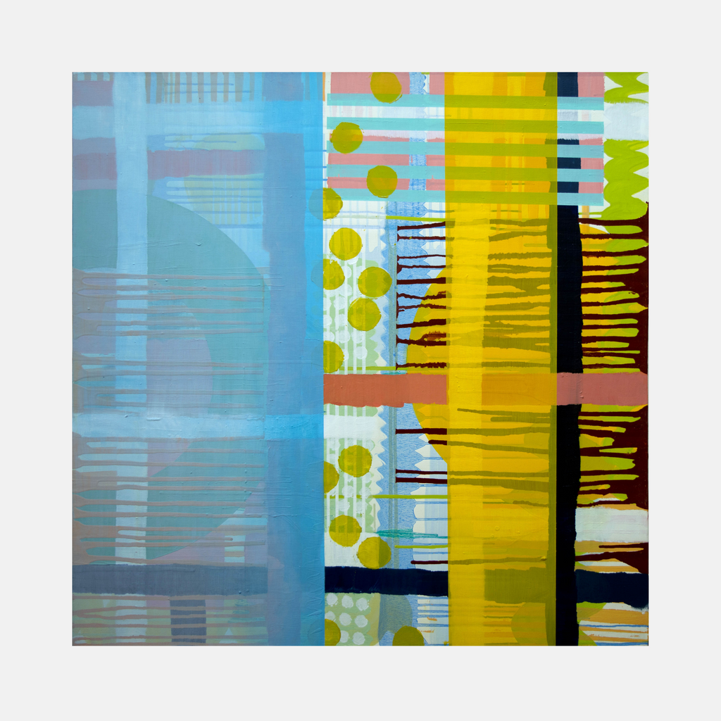 The artwork 'Sweep' by Linda Schmidt features abstract geometric patterns with vertical stripes and circles in vibrant blue, yellow, and green hues. The composition transitions from a soft blue gradient on the left to bold yellow sections with dark linear elements on the right, complemented by dotted patterns in chartreuse. Oil on linen, measuring 24x24 inches.