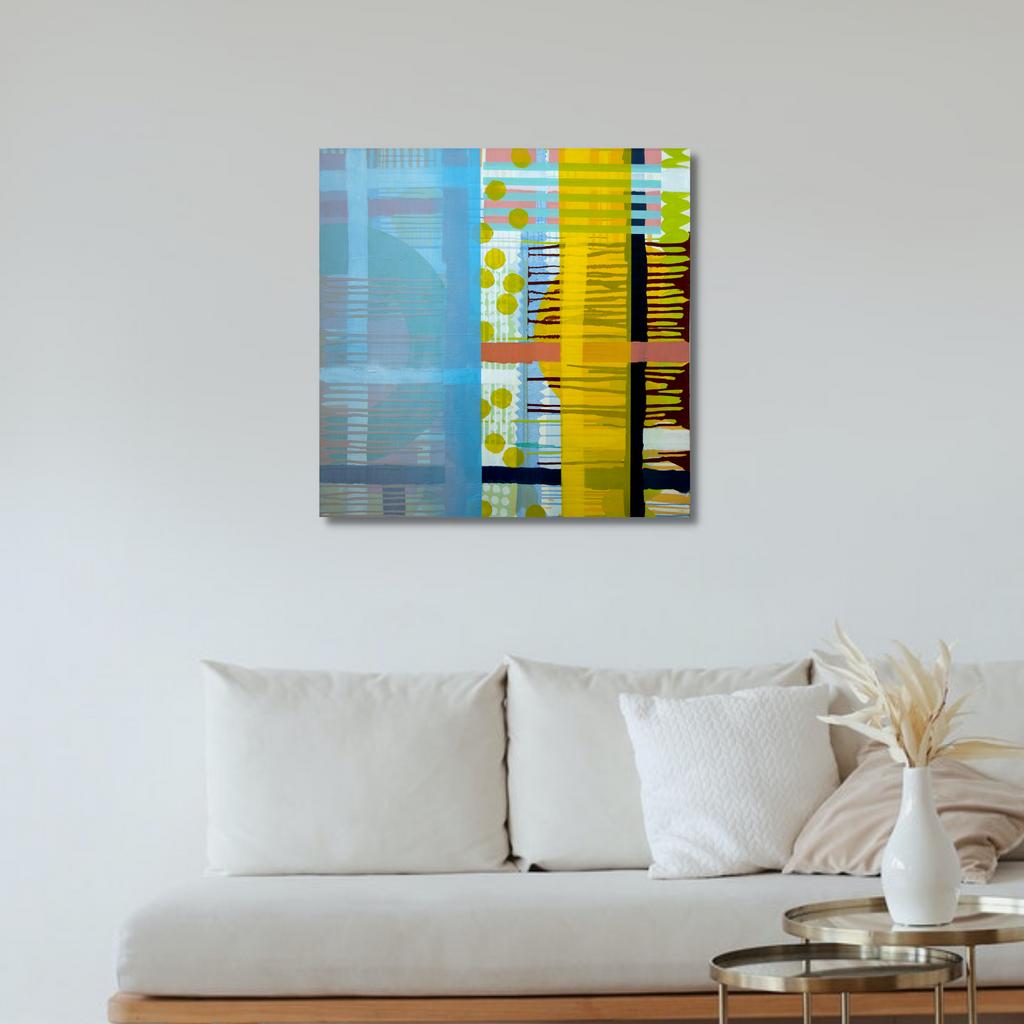 The artwork 'Sweep' by Linda Schmidt features a modern abstract composition with vertical bands of light blue and golden yellow, divided by bold black linear elements. The oil on linen painting showcases a geometric interplay of transparent layers, subtle textures, and contrasting colors creating a dynamic visual sweep across the 24x24 inch canvas surface.