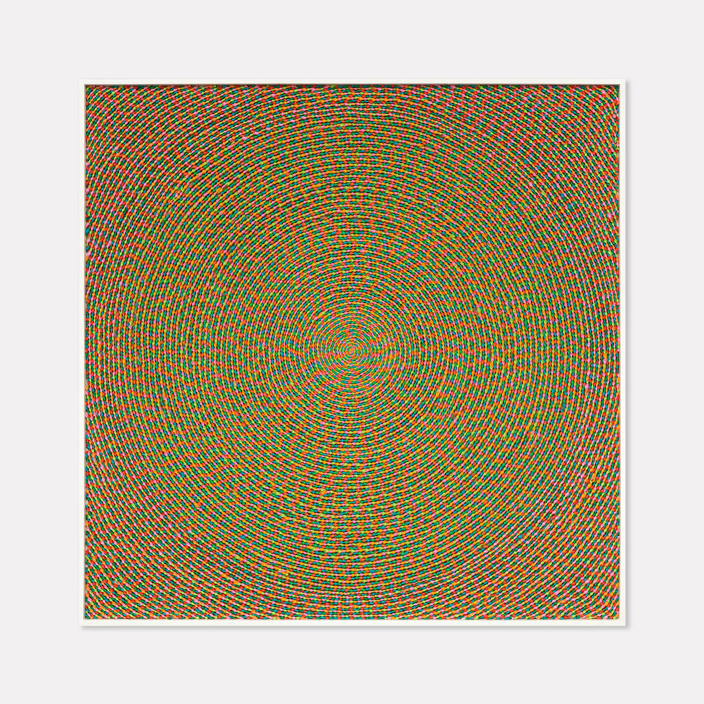 The artwork 'Swirl Pop' by Lori Kirkbride features a mesmerizing concentric circular pattern radiating from a central point, executed in vibrant orange and teal hues. The hypnotic spiral design creates an optical illusion of movement across the square panel, showcasing intricate details in acrylic polymer and resin. 33.5 x 33.5 inches.