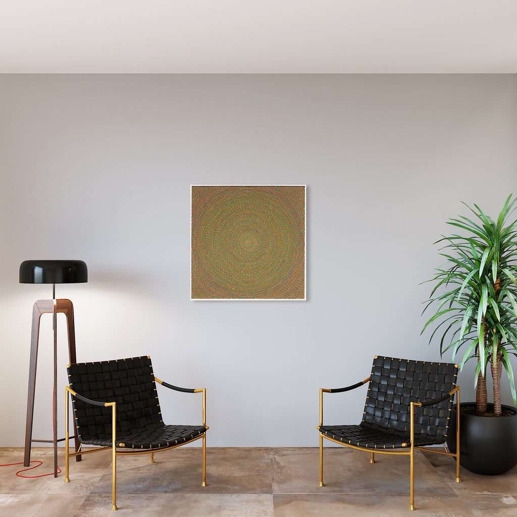 The artwork 'Swirl Pop' by Lori Kirkbride features a mesmerizing concentric circular pattern in vibrant green and bronze hues, creating a hypnotic optical illusion effect. The acrylic polymer and resin on panel piece showcases precise geometric symmetry with radiating swirls that emanate from the center, measuring 33.5 x 33.5 inches. The metallic finish adds depth and dimension to this contemporary abstract piece.
