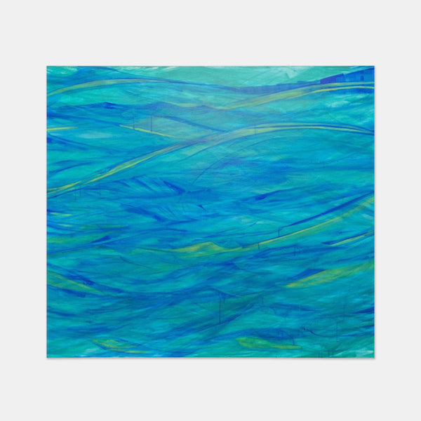 The artwork 'Symphony of Water' by Camilla Webster features flowing abstract waves in vibrant turquoise and azure blues, accented with sweeping strokes of seafoam green. The acrylic on canvas painting creates a dynamic aquatic movement through layered brushstrokes, capturing the essence of ocean currents and water patterns in a 48x60 inch contemporary composition.