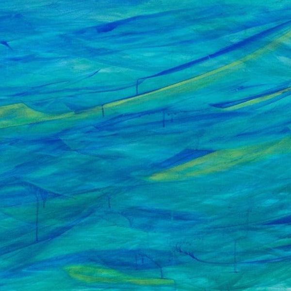 The artwork 'Symphony of Water' by Camilla Webster features sweeping brushstrokes in vibrant aqua blue and lime green hues, creating a dynamic abstract seascape. Flowing diagonal lines and layered acrylic paint capture the movement and depth of ocean waters, with translucent turquoise waves merging into deeper cobalt streaks across the 48x60 inch canvas.