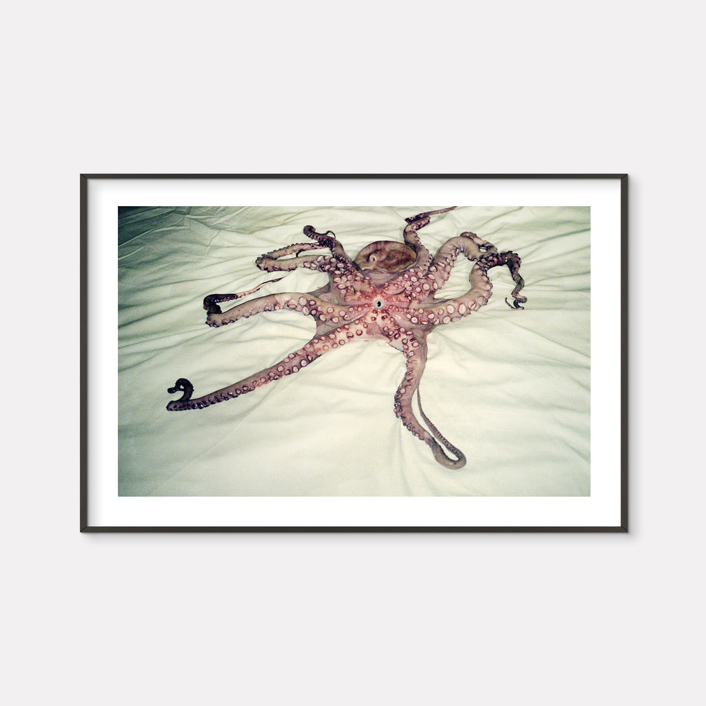 The artwork 'TAKO OTOKO' by Mari Sarai features a striking photograph of an octopus on white fabric. The marine creature displays its sprawling tentacles in muted pink and purple hues, with delicate suction cups visible along its arms. The image captures the fluid, graceful movement of the octopus against a soft, creamy white background, printed on Hahnemuhle Paper. Limited edition art print number 20.