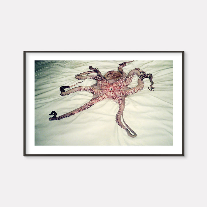 The artwork 'TAKO OTOKO' by Mari Sarai features a striking photograph of an octopus on white fabric. The marine creature displays its sprawling tentacles in muted pink and purple hues, with delicate suction cups visible along its arms. The image captures the fluid, graceful movement of the octopus against a soft, creamy white background, printed on Hahnemuhle Paper. Limited edition art print number 20.