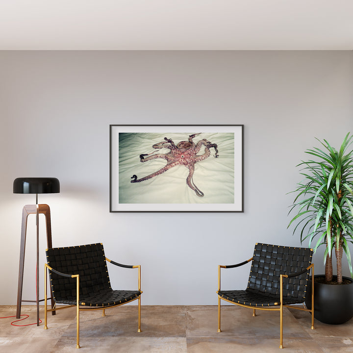 The artwork 'TAKO OTOKO' by Mari Sarai features a striking illustration of an octopus rendered in delicate pink tones against a textured cream background. The art piece, displayed in a black frame, captures the fluid, organic movement of the sea creature with intricate tentacle details. The surreal composition blends fine art photography with ethereal aesthetics, printed on premium Hahnemuhle paper. By Mari Sarai.