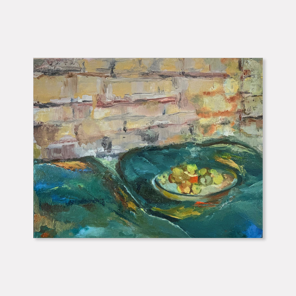 The artwork 'Tangerines' by Rita BasuMallick features vibrant citrus fruits arranged on a white plate against a rich teal-green surface. The background showcases textured brushstrokes in warm beige and yellow tones, creating an impressionistic style. Oil painting technique with bold impasto strokes adds depth and movement to this 11x14 inch canvas composition.