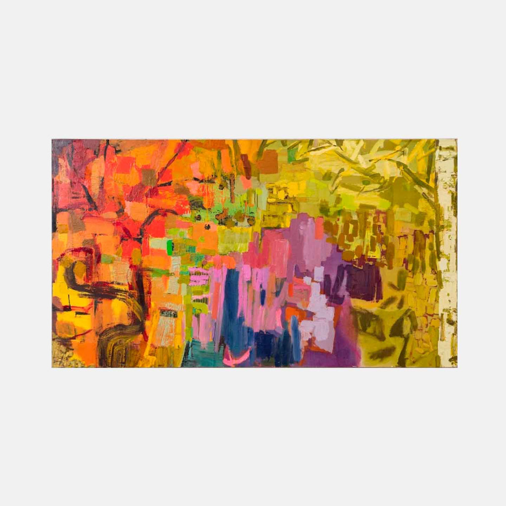 The artwork 'Tapestry' by Molly Herman features vibrant abstract expressionism with bold brushstrokes in orange, yellow, and purple hues. Dynamic color blocks transition from warm sunset tones to cool deep blues, creating a mosaic-like composition with gestural marks and layered textures. Oil painting on canvas showcases energetic movement and artistic spontaneity.