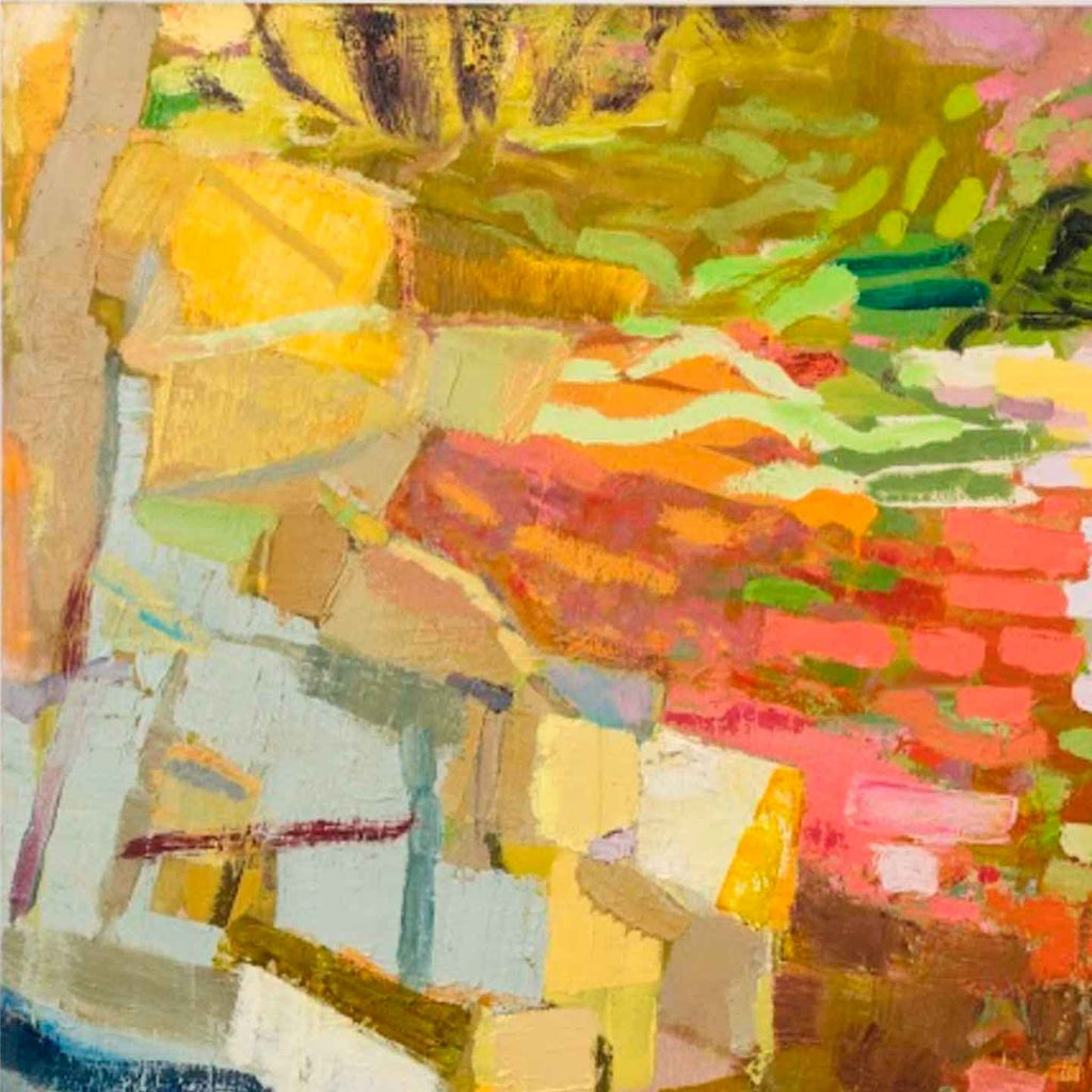 The artwork 'Tapestry' by Molly Herman features an abstract composition with vibrant brushstrokes in yellow, coral, and sage green. The oil painting showcases dynamic geometric shapes and blocks of color, creating a mosaic-like pattern with textured layers. The piece demonstrates an expressionist style with warm earth tones blending into bright accents, measuring 41x72 inches.