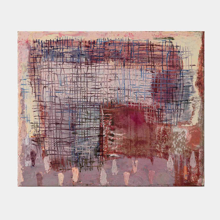 The artwork 'Tarlatan Jam' by Molly Herman features an abstract composition of interwoven grid-like patterns in deep burgundy and slate blue. A textural collage effect creates depth through layered brushstrokes and crosshatching. The bottom portion reveals soft pink and white vertical forms against a muted mauve background, combining oil paint and mixed media on linen canvas.