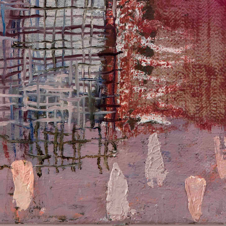 The artwork 'Tarlatan Jam' by Molly Herman features an abstract composition with textural contrasts, combining grid-like patterns in muted blues and grays against a rich burgundy background. Thick impasto white and pale pink forms emerge from the bottom, creating dimensional elements on the linen canvas. Oil paint and collage techniques create a dynamic interplay of structured and organic elements.