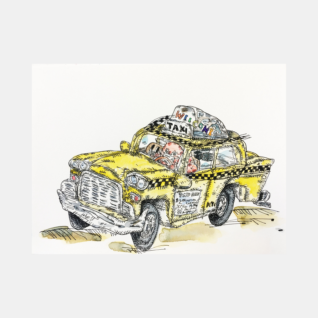 The artwork 'Taxi Fare 1' by Andrew Chan features a whimsical ink and watercolor illustration of a classic yellow checker taxi cab with distinctive chrome details and a taxi light on top. The sketch-like artwork combines loose, expressive linework with vibrant yellow tones and delicate shading, capturing the iconic New York City taxi in a nostalgic, artistic style.