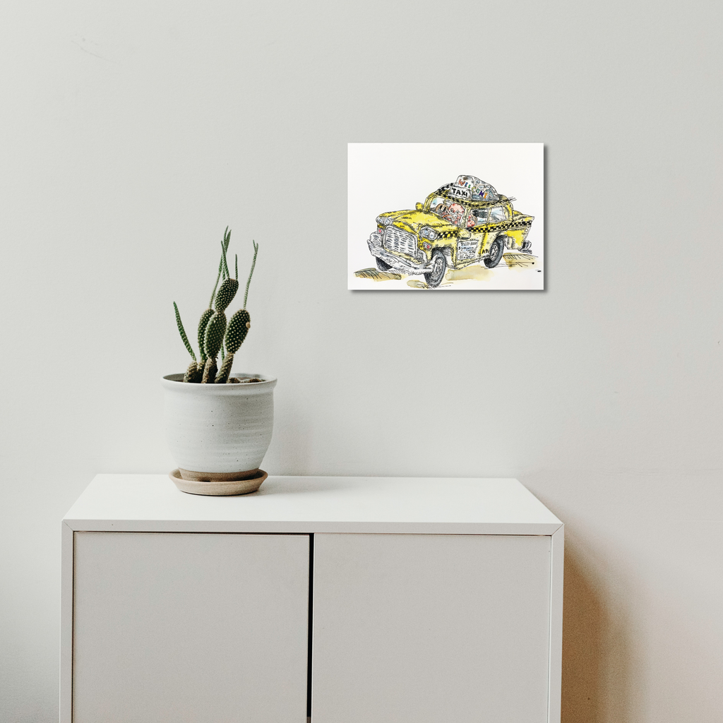 The artwork 'Taxi Fare 1' by Andrew Chan features a whimsical ink and watercolor illustration of a yellow taxi cab rendered in loose, expressive brushstrokes. The sketch combines detailed linework with vibrant yellow washes, depicting a classic urban vehicle with distinctive geometric shapes and playful artistic interpretation. 9x12 inches artwork by Andrew Chan.