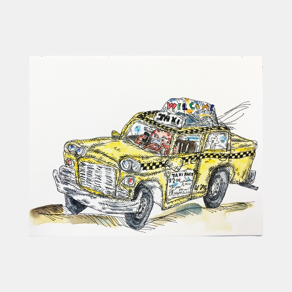 The artwork 'Taxi Fare 2' by Andrew Chan features a whimsical ink and watercolor illustration of a classic yellow checkered taxi cab with distinctive character. The vintage-style vehicle is decorated with intricate line work, showing detailed graffiti-like elements and a rooftop light bar, rendered in vibrant yellows and bold black strokes against a white background.