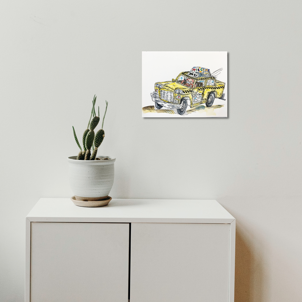 The artwork 'Taxi Fare 2' by Andrew Chan features a vibrant watercolor and ink illustration of a classic yellow taxi cab, showcasing detailed linework and loose, expressive brushstrokes. The vintage-style vehicle is rendered in warm yellow tones with black accents, capturing the nostalgic charm of retro urban transportation. Displayed on white canvas, 9x12 inches. By Andrew Chan.