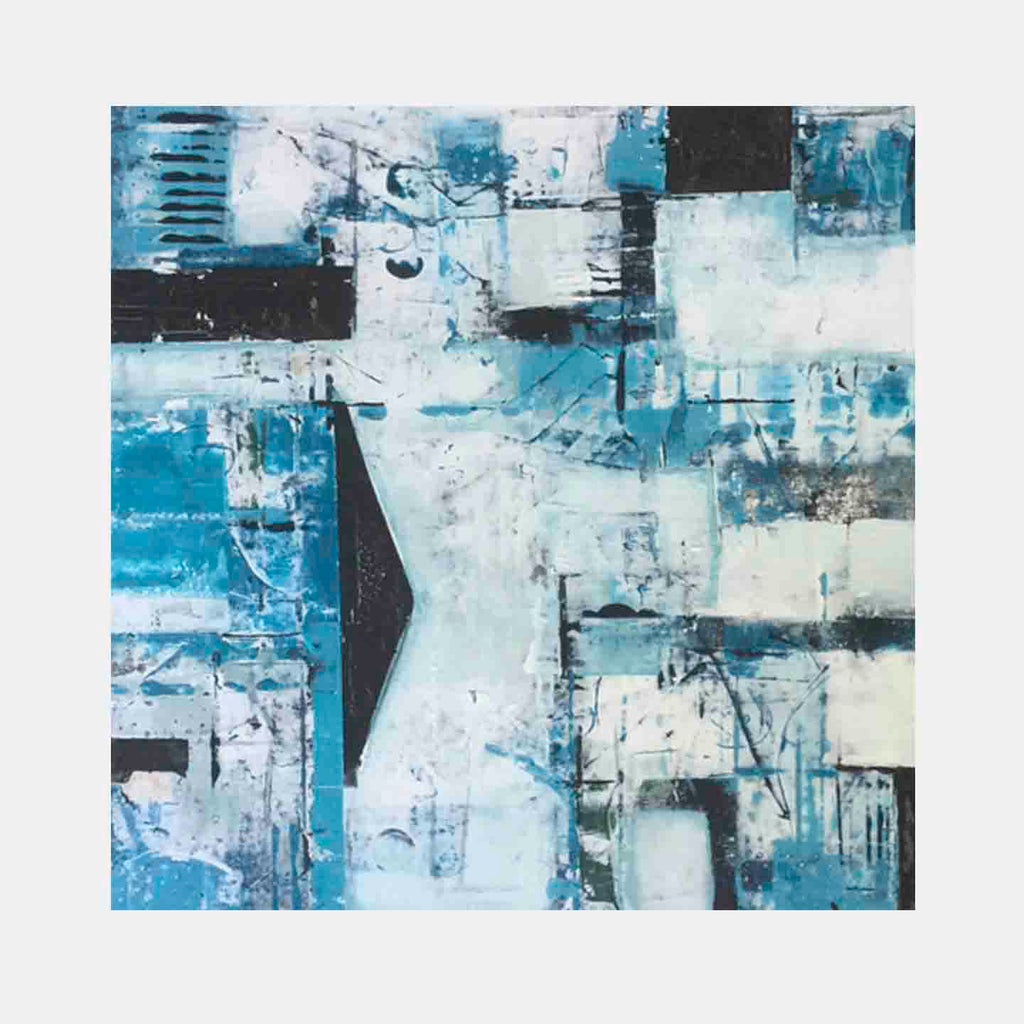 The artwork 'Teal Apartment' by Shira Toren features an abstract composition with geometric blocks in varying shades of teal and white. Textured Venetian plaster creates a layered effect, while black geometric shapes add depth and contrast. The 24x24 inch canvas showcases a modern, urban-inspired design with distressed elements and subtle graphite ink details.