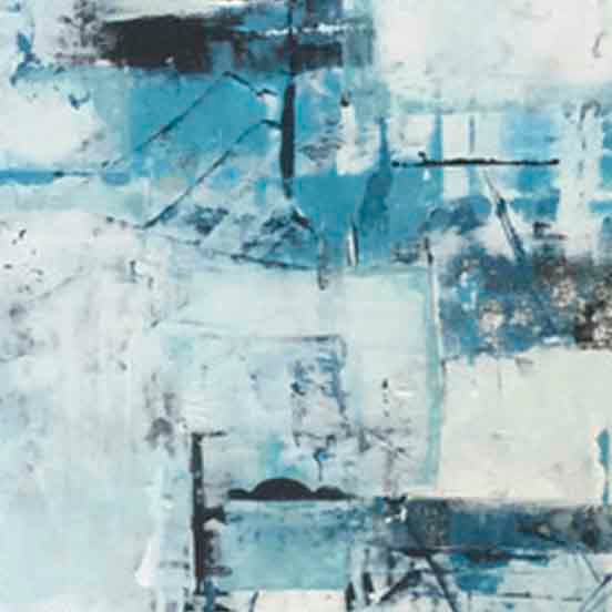 The artwork 'Teal Apartment' by Shira Toren features abstract geometric shapes in varying shades of teal and white. Textured layers of Venetian plaster create a dynamic composition with bold brushstrokes and subtle graphite details. The 24x24 inch canvas showcases a contemporary architectural feel with intersecting lines and weathered surfaces.