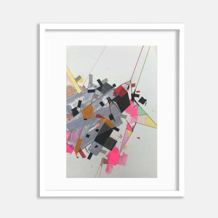 The artwork 'Tekkella 9' by Philippe Halaburda features a dynamic abstract composition with geometric shapes in grey, pink, orange, and yellow tones. Angular fragments collide and intersect across a light background, creating a sense of movement through diagonal lines and floating forms. The mixed media piece combines bold blocks of color with subtle textural elements, measuring 11 inches in height by 7.5 inches in width. By Philippe Halaburda.