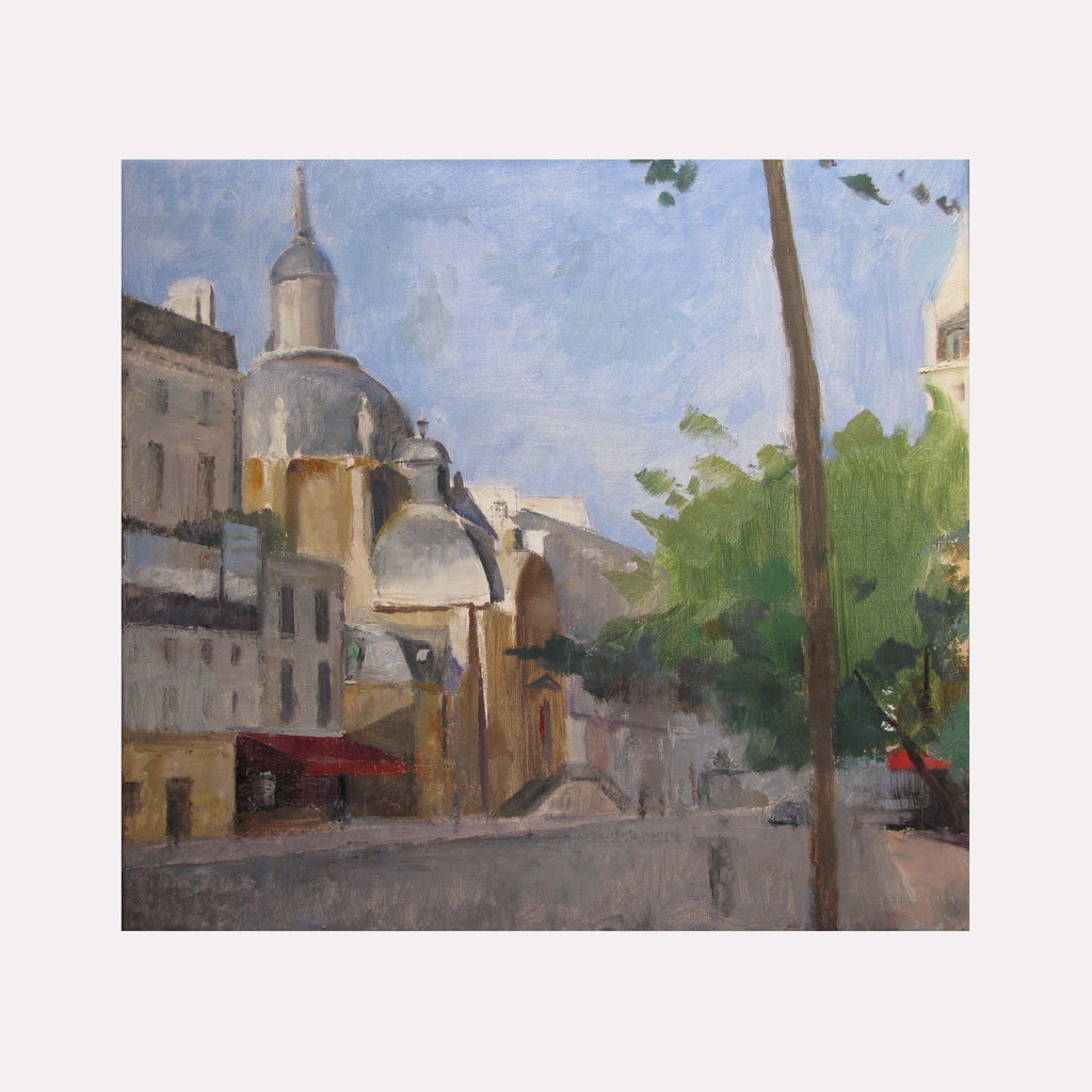The artwork 'Temple du Marais' by Peter Colquhoun captures a Parisian street scene featuring a historic domed church with architectural details in warm beige tones. The oil painting showcases a blend of urban architecture against a soft blue sky, with touches of green foliage and red awnings adding vibrant accents to the composition.