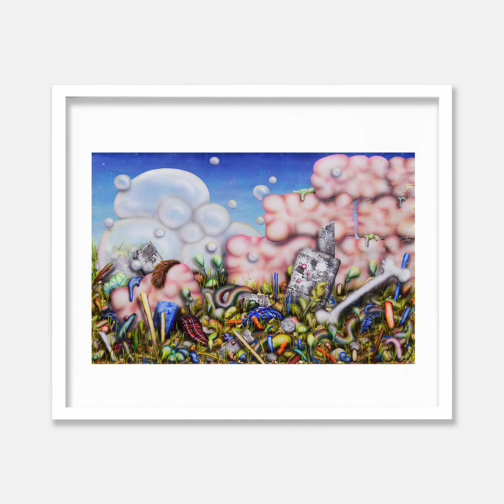 The artwork 'Terrible Architecture' by Jon Duff features a whimsical surrealist landscape with floating bubble-like clouds in pink and white against a vibrant blue sky. The foreground showcases colorful wildflowers and vegetation in blues, yellows, and greens, with abstract architectural elements and structures emerging from the flora. Painted in acrylic on paper, the piece combines dreamlike elements with detailed botanical forms in a 36x56 inch