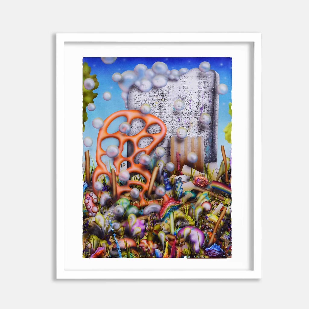 The artwork 'Terrible Architecture 2' by Jon Duff features a surreal landscape with vibrant orange graffiti-style forms against a bright blue sky. Abstract mushroom-like shapes in pink and purple populate the foreground, while floating white orbs create a dreamy atmosphere. The acrylic painting on paper combines urban and organic elements in a psychedelic style.