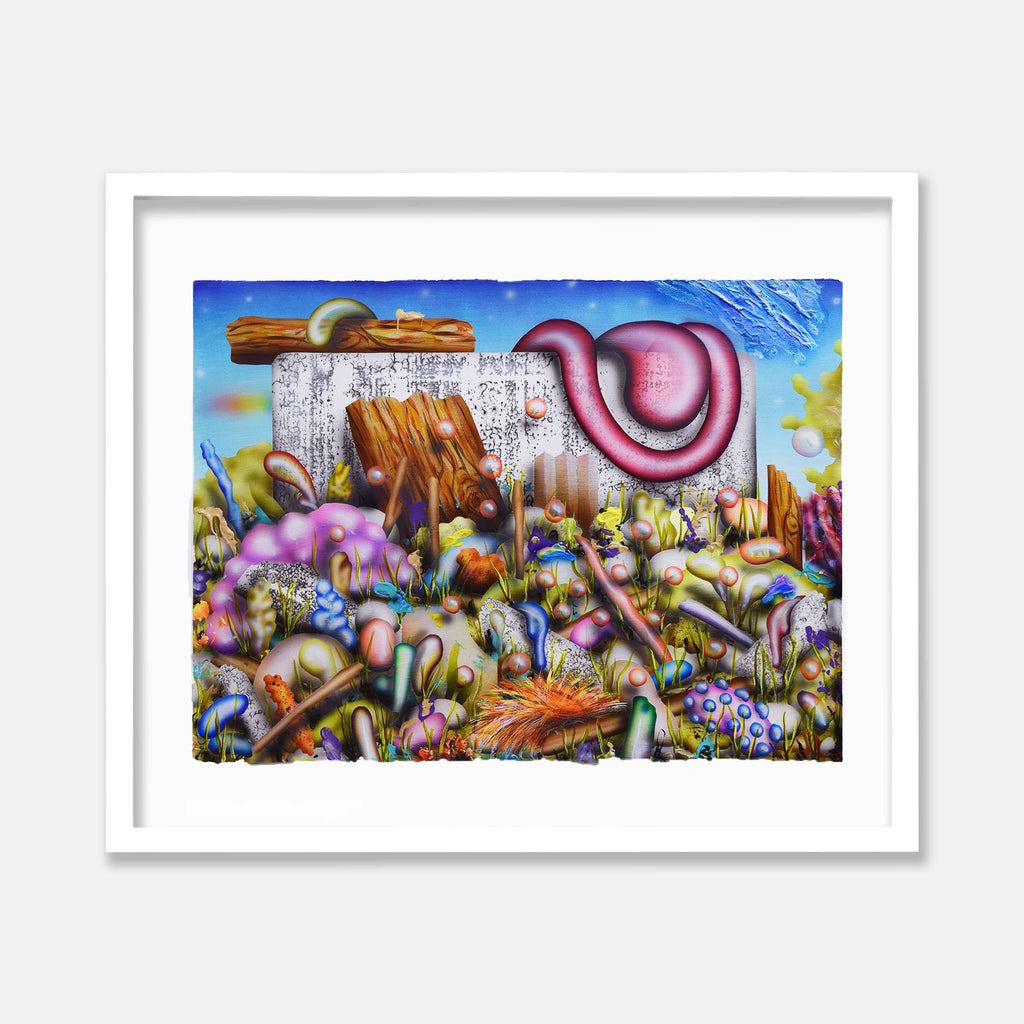 The artwork 'Terrible Architecture 3' by Jon Duff features a surreal landscape with vibrant mushrooms and organic forms in purples, blues, and oranges. A large pink circular form dominates the upper portion against a bright blue sky, while wooden elements and textural details create depth. Executed in acrylic on paper with psychedelic and fantastical elements merging natural and abstract shapes.